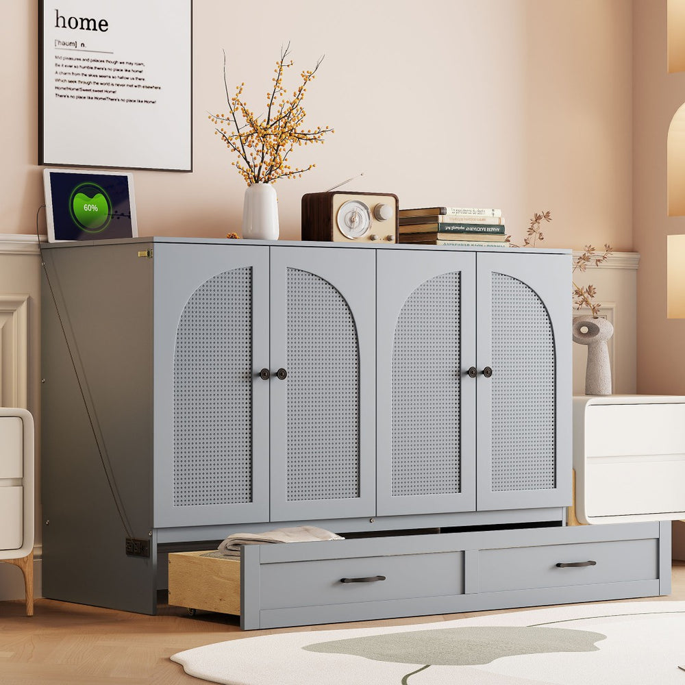 English Elm Full Size Murphy Bed Rattan Cabinet with Storage Drawers and Gold Hardware Gray N708S00009E
