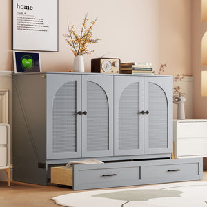 English Elm Full Size Murphy Bed Rattan Cabinet with Storage Drawers and Gold Hardware Gray N708S00009E
