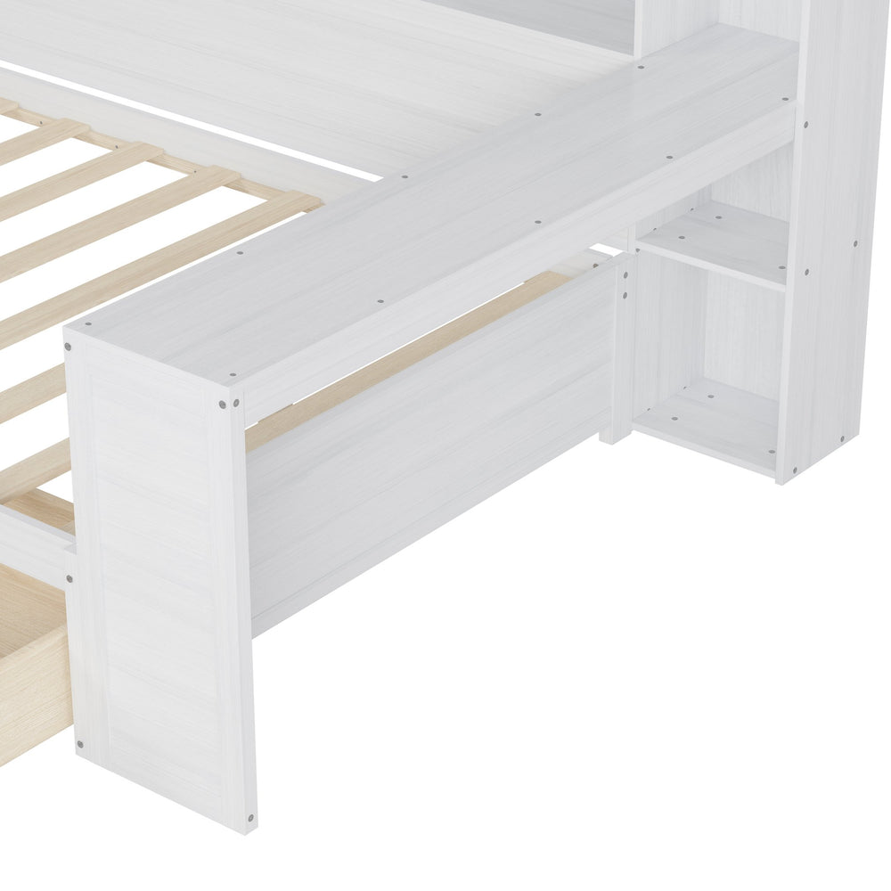 English Elm Wooden Full Size Daybed with Built-In Desk, Side Shelves and Dual Drawers for Organized Living Antique White 70 L x 18.6 W x 5.5 H N733S241486K