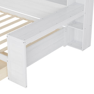 English Elm Wooden Full Size Daybed with Built-In Desk, Side Shelves and Dual Drawers for Organized Living Antique White 70 L x 18.6 W x 5.5 H N733S241486K