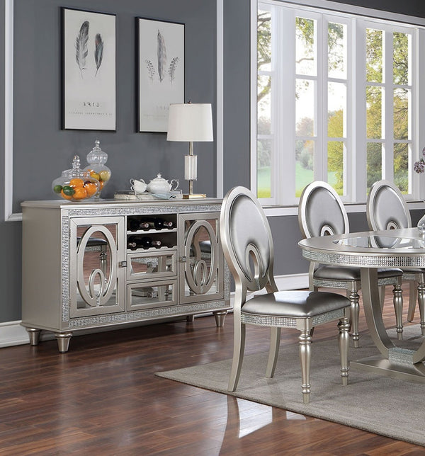 English Elm Formal Silver Dining Chairs Set of 2 — Mirror Tile Accents, Keyhole Cutout Back, Turned Legs, Leatherette Upholstered Cushion B011P309220