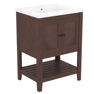 English Elm 24" Modern Sleek Bathroom Vanity with Ceramic Sink, Solid Wood Frame, Waterproof Finish and Open Shelf Storage Brown N725P246473D