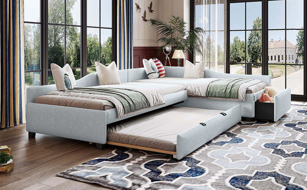 English Elm Upholstered Twin Daybed with Pull Out Trundle Linen Blend Sofa Style Studio Bed GX001316AAA