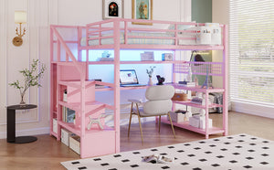 English Elm Full Size Steel Loft Bed with Staircase Storage Wardrobe Desk and Led Lighting Pink W2593S00077