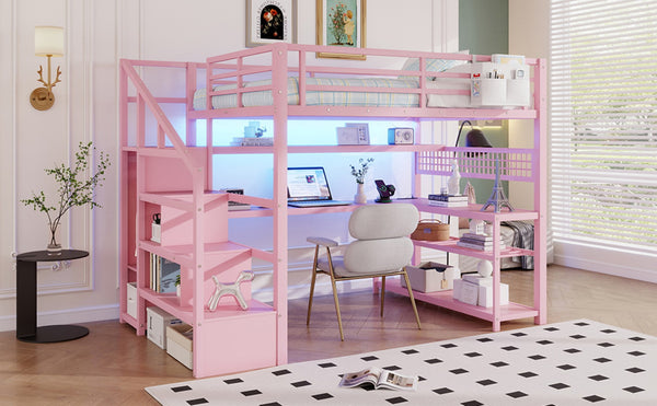 English Elm Full Size Steel Loft Bed with Staircase Storage Wardrobe Desk and Led Lighting Pink W2593S00077