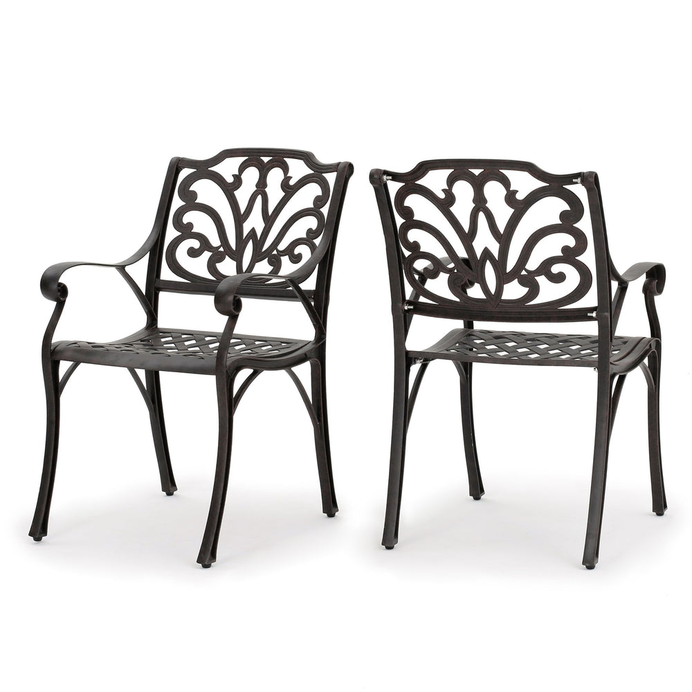 English Elm Christopher Knight Home® - Cast Aluminum Curvy Outdoor Dining Chairs Set of 2 in Dark Bronze with Scrollwork Medallion Backs, Weather-Resistant Elegance 59157.00