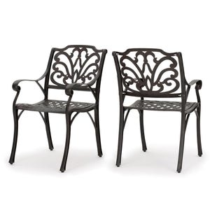English Elm Christopher Knight Home® - Cast Aluminum Curvy Outdoor Dining Chairs Set of 2 in Dark Bronze with Scrollwork Medallion Backs, Weather-Resistant Elegance 59157.00