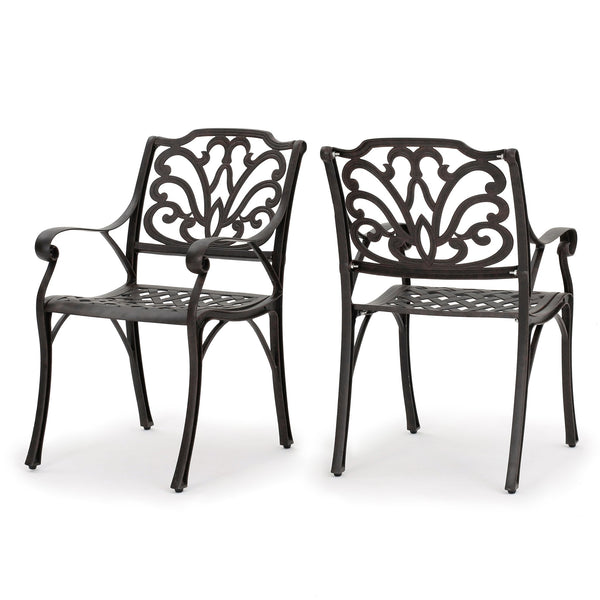 English Elm Christopher Knight Home® - Cast Aluminum Curvy Outdoor Dining Chairs Set of 2 in Dark Bronze with Scrollwork Medallion Backs, Weather-Resistant Elegance 59157.00