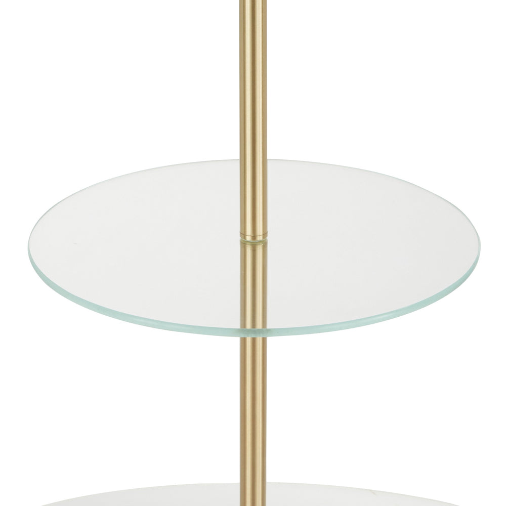 English Elm Chloe Gold Neck Shelf Floor Lamp with Marble Base, Clear Glass Shelf & White Linen Shade — Modern Light_x0007_ B202P224171