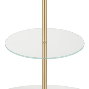 English Elm Chloe Gold Neck Shelf Floor Lamp with Marble Base, Clear Glass Shelf & White Linen Shade — Modern Light_x0007_ B202P224171
