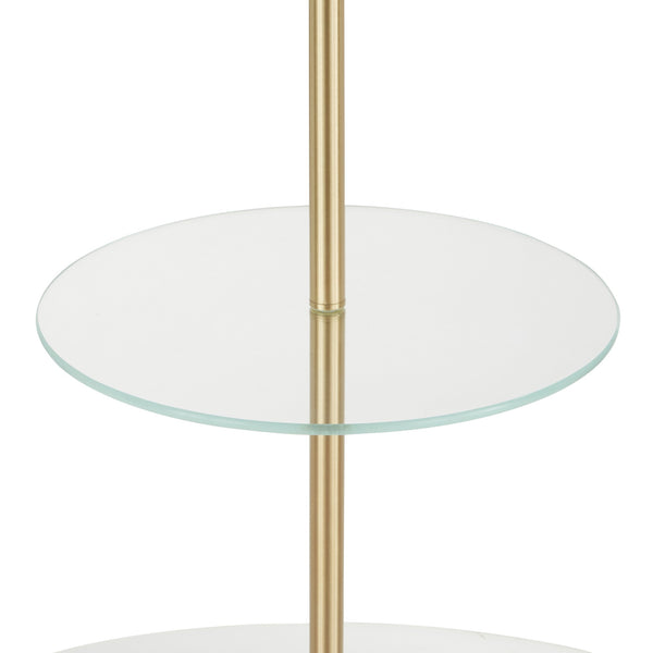 English Elm Chloe Gold Neck Shelf Floor Lamp with Marble Base, Clear Glass Shelf & White Linen Shade — Modern Light_x0007_ B202P224171