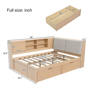 English Elm Wooden Full Size Corner Daybed Pine Frame Bookcase Storage Drawers Usb Charging BS701P337654N