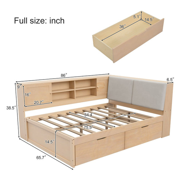 English Elm Wooden Full Size Corner Daybed Pine Frame Bookcase Storage Drawers Usb Charging BS701P337654N
