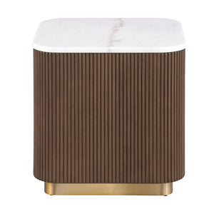 English Elm Brown Round End Table Genuine Marble Top Reeded Plinth Base Gold Steel Accents B2741P476067