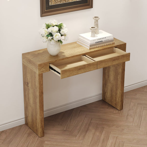 English Elm Elegant Natural Wood Grain Bar Table with Two Drawers, 50" Long, Ergonomic 37" Height, Sturdy MDF Design, Smooth Finish, Adjustable Non-Slip Feet W2920P225015