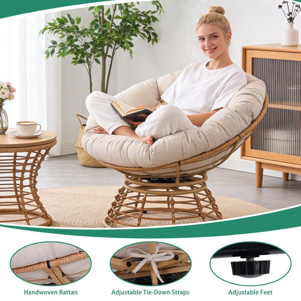 English Elm Oversized Papasan Swivel Chair Woven Resin Wicker Bowl Seat with Plush Foam Cushion Yellow+Grey T5880P492323