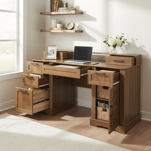 English Elm 59" Fluted Oak L-shaped Corner Desk with Charging Station Monitor Stand and File Storage Dark Walnut W2917S00007