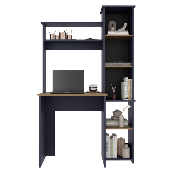English Elm Versalles Modern Writing Desk with Hutch & 5-Shelf Side Bookcase, Compact Natural Oak Blue Finish B070P378356