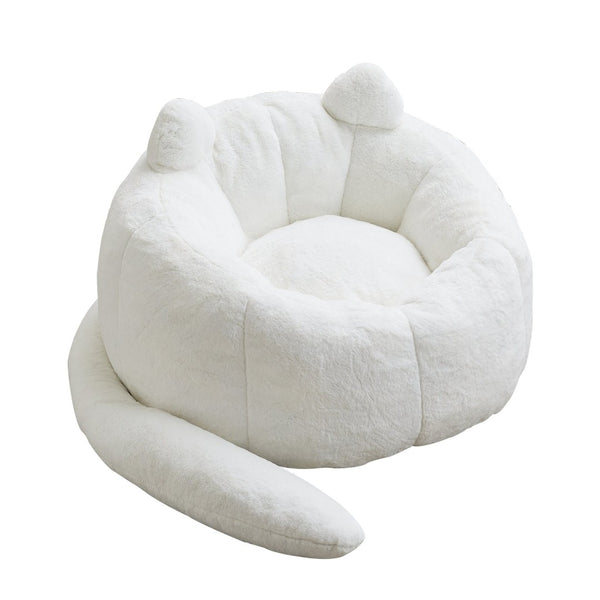 English Elm Cat-shaped Bean Bag Sofa with Sculptural Tail Armrest for Playful Living Spaces White W2311P457293
