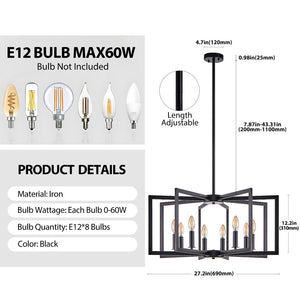 English Elm 27" Eight Light Matte Black Iron Geometric Chandelier for Dining and Living Spaces W1340P279980