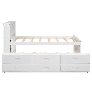 English Elm Twin Platform Bed with Storage Headboard, Pull-Out Trundle & 3 Drawers, USB Ports, Solid Wood Durability White GX000715AAK