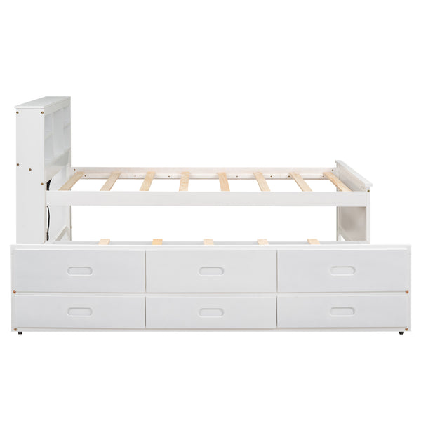 English Elm Twin Platform Bed with Storage Headboard, Pull-Out Trundle & 3 Drawers, USB Ports, Solid Wood Durability White GX000715AAK