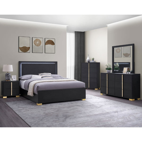 English Elm Jeremiah Matte Black Full Panel Bed with Gold Feet and Built-in Led Halo Lighting B062S01753