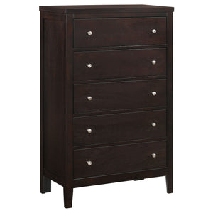 English Elm Payton Cappuccino 5-Drawer Chest with Brushed Silver Handles, Warm Brown Finish for Cozy Elegance B062P328722