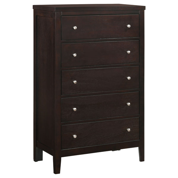 English Elm Payton Cappuccino 5-Drawer Chest with Brushed Silver Handles, Warm Brown Finish for Cozy Elegance B062P328722