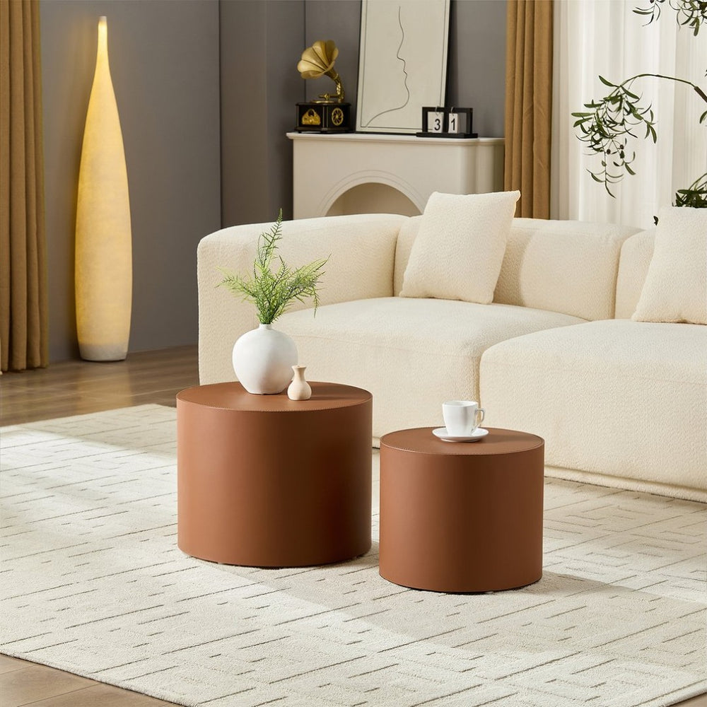 English Elm Modern Saddle Leather Mdf Side Table Compact Accent for Living Room or Office Brown W2085P399097