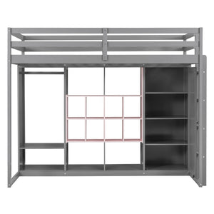 English Elm Twin Loft Bed with Wardrobe Shelves and Cabinet Kids Bedroom Wood Storage Frame Pink+Grey N708S00023E