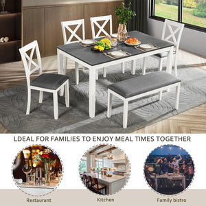 English Elm 6-Piece Modern Farmhouse Dining Table Set With Bench & Chairs, Grey & White, Comfortable Seating W1998S00064