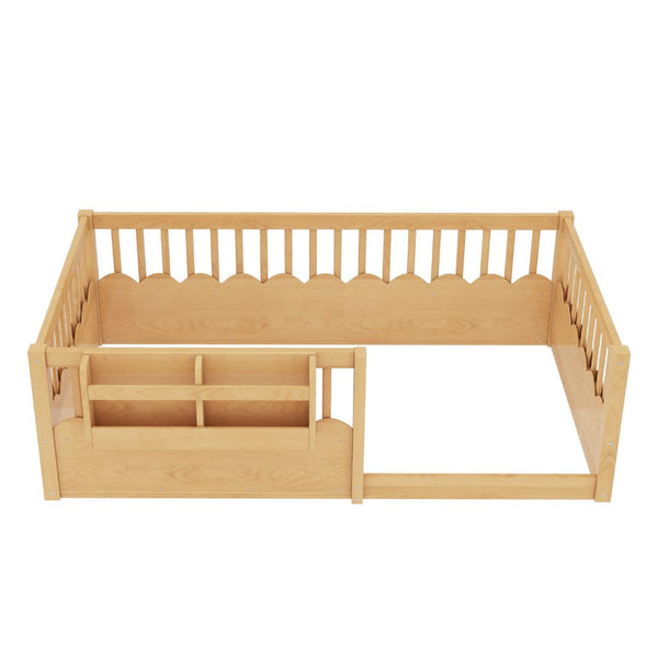 English Elm Twin Low Profile Kids Floor Bed Pine Wood Frame with Safety Rail and Built in Bookshelf Natural W1580P373137