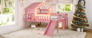 English Elm Twin Playhouse Loft Bed Solid Pine Frame with Slide Led Lights and Star Roof Pink W5316S00006