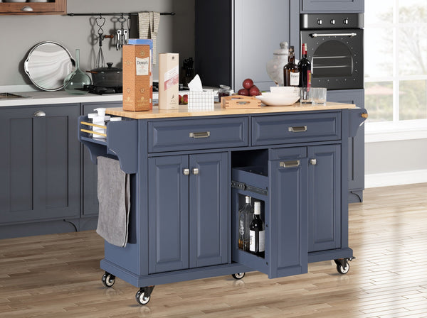 English Elm Kitchen Island Rubber Wood Countertop Mobile Cart with Towel & Spice Racks, Drawers, Storage Wheels Blue W914P147993