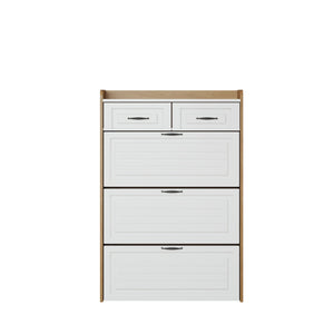 English Elm 1250 White & Oak Shoe Cabinet - Stylish 3-Door Storage With 2 Drawers For Organized Entryways & Bedrooms W1320P236452