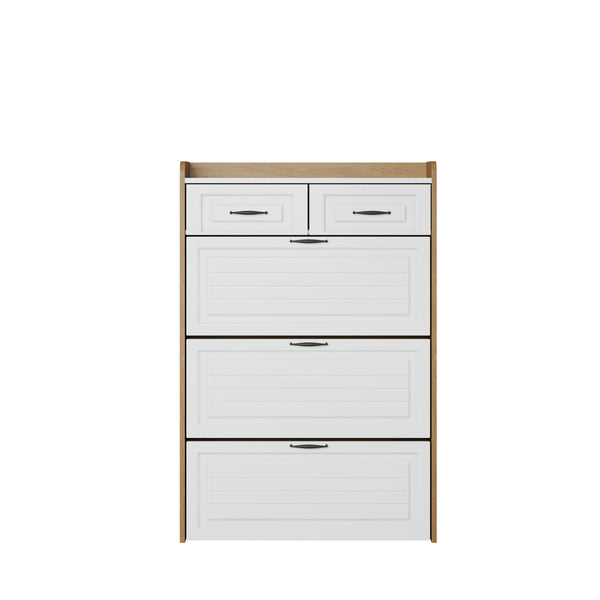 English Elm 1250 White & Oak Shoe Cabinet - Stylish 3-Door Storage With 2 Drawers For Organized Entryways & Bedrooms W1320P236452