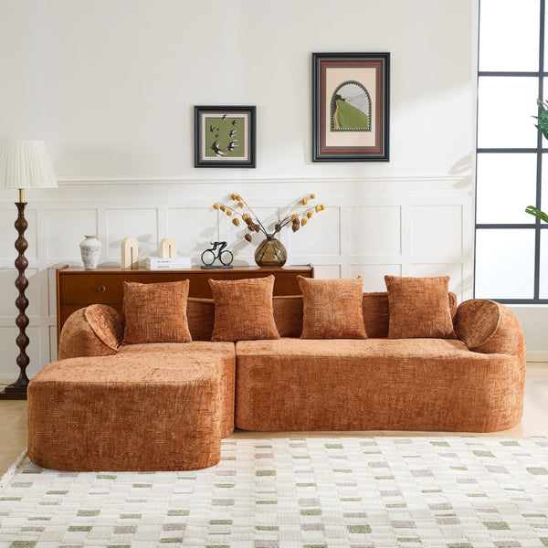 English Elm Beige Chenille L-shaped Sectional Sofa with Chaise Deep Seating and Curved Armrests Orange W3612S00028
