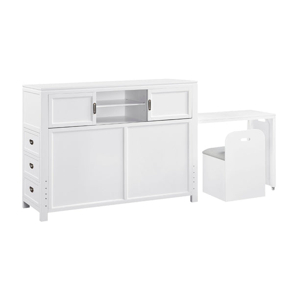 English Elm Gray Full Platform Bed with Bookcase Headboard Fold Out Desk Drawers and Footboard Bench White B011S02326