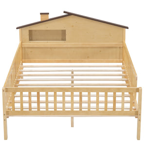 English Elm Full Full Size Wood Platform Bed with House Headboard, LED Lights & Built-In Storage, Natural Finish N709P184430M