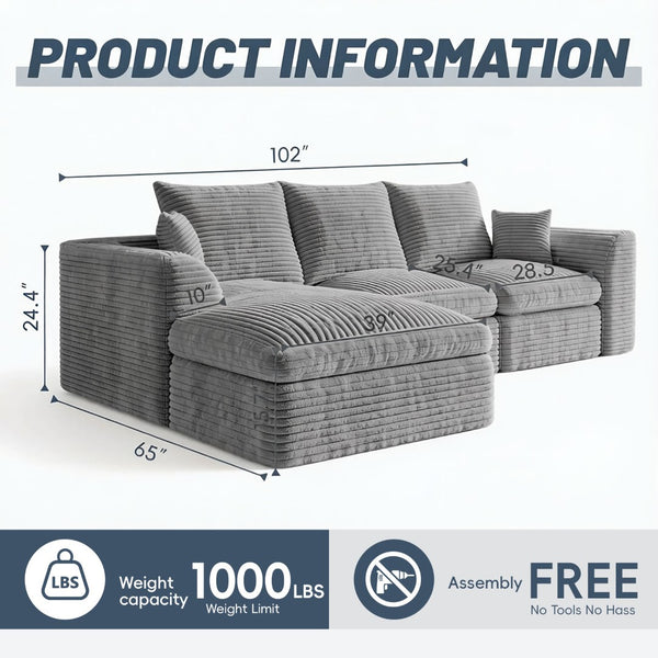 English Elm Modular Cloud Sectional Corduroy Sofa with Reversible Chaise and Memory Foam Comfort Grey W5638S00006