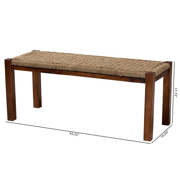 English Elm Modern Handwoven Rattan Mahogany Bench Artisan Boho Accent for Bedroom or Entryway B2750P470074