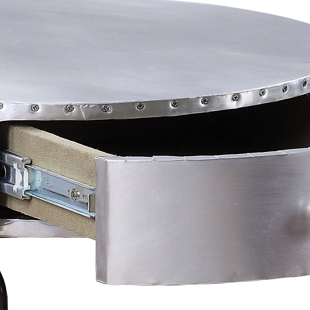 English Elm Aluminum Drum End Table with Patchwork Top and Drawer, Black Iron Frame, Modern Industrial Charm B062P189153