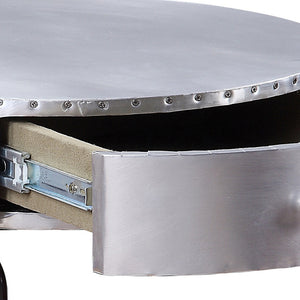 English Elm Aluminum Drum End Table with Patchwork Top and Drawer, Black Iron Frame, Modern Industrial Charm B062P189153