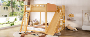 English Elm Full Size Kids Loft Bed Pine Frame Upholstered Headboard Built in Slide and Storage Shelves Natural W1580S00639