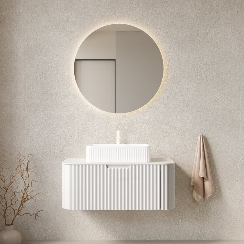 English Elm Dina Floating Bathroom Vanity Sintered Stone Top Glass Basin Striped Plywood Cabinet W2615S00435