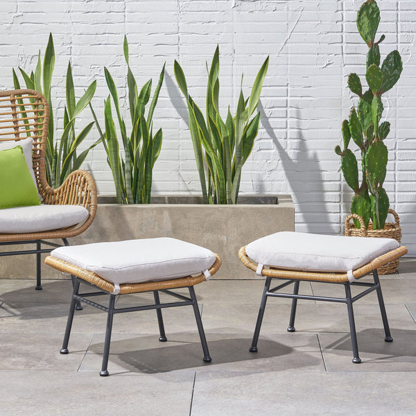 English Elm Christopher Knight Home® - Montana Light Brown Faux Rattan Outdoor Ottoman Set of 2 with Water-Resistant Cushions, Steel Frame Durable Elegance 65045.00LBRN