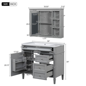 English Elm 36'' Modern Bathroom Vanity Set With Mirror, 2 Soft-Close Drawers, & 6 Open Shelves For Storage N710S236006E