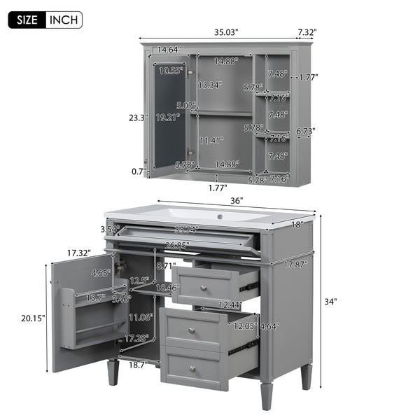 English Elm 36'' Modern Bathroom Vanity Set With Mirror, 2 Soft-Close Drawers, & 6 Open Shelves For Storage N710S236006E