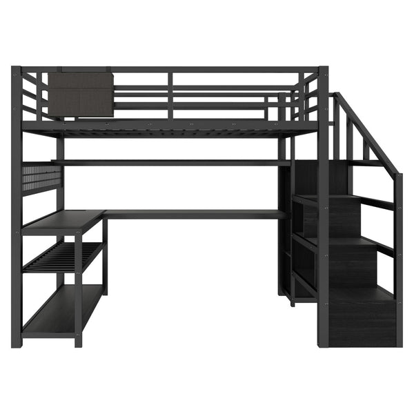 English Elm Full Size Steel Loft Bed with Staircase Storage Wardrobe Desk and Led Lighting Black W2593S00079